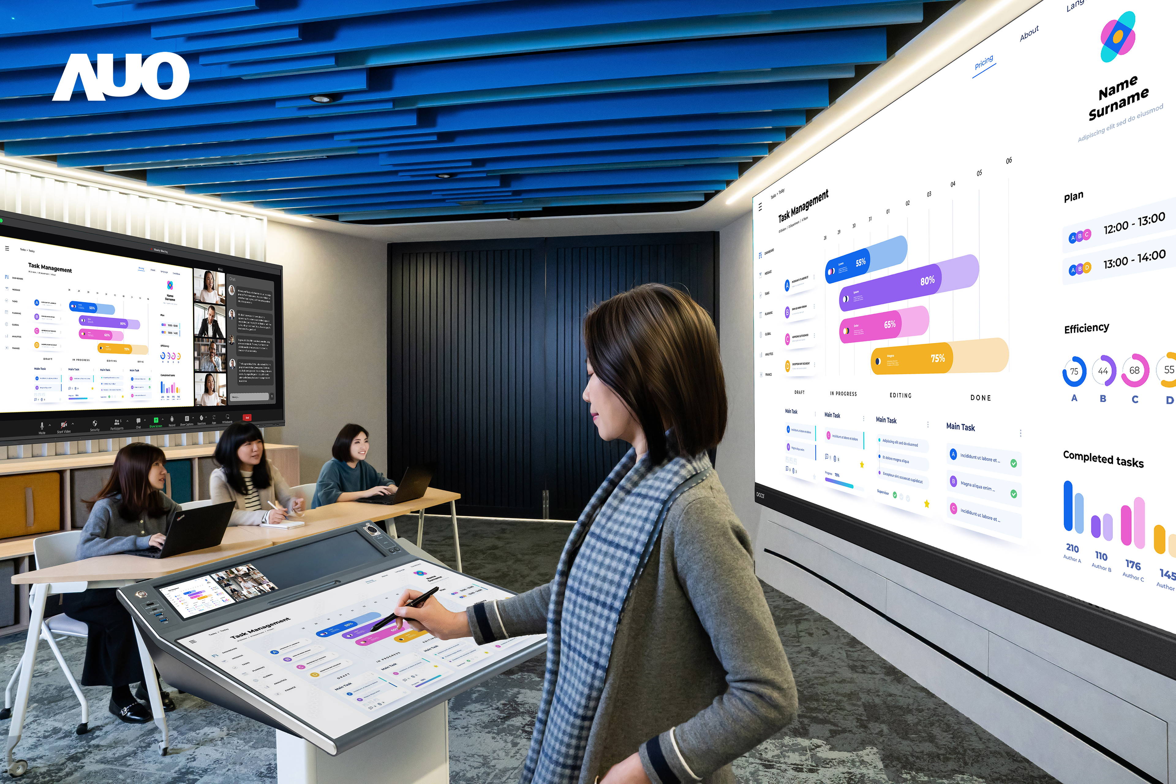 达擎携手Avocor与Rise Vision展示全方位商务领域应用，包含采用模块化设计的138吋一体式All-in-One LED显示器及具21:9超宽比例的92吋交互式电子白板（IFPD），讲者可轻松分享内容，有效提升会议协作效率。